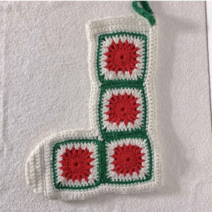 Vintage Handmade Crochet Red  White Green Granny Square Christmas Stocking